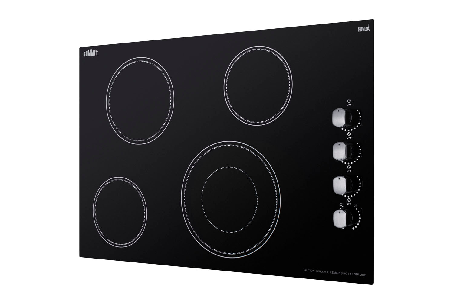 Black smooth radiant cooktop with four burners and side-mounted control knobs for kitchen and home improvement.