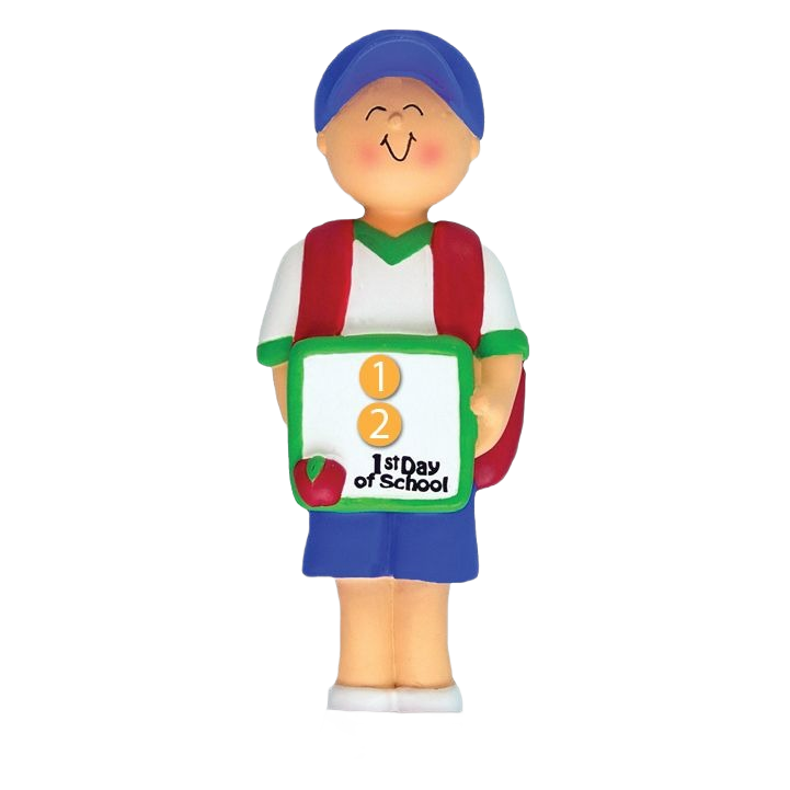 Boy figurine with blue cap and red backpack holding 1st day of school sign from Christmas Ornaments & Tree Decorations collection