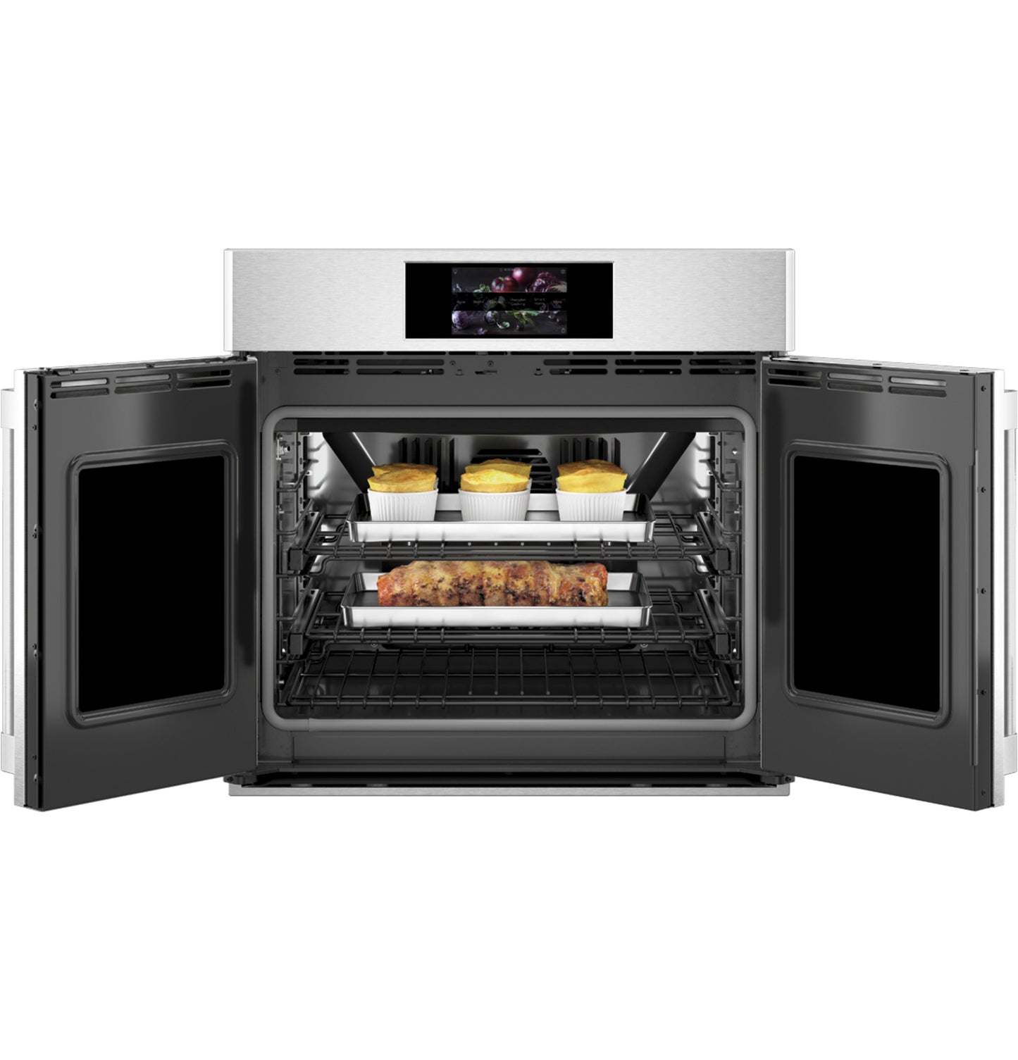 Stainless steel French-door single wall oven with open doors and food inside in kitchen appliances collection
