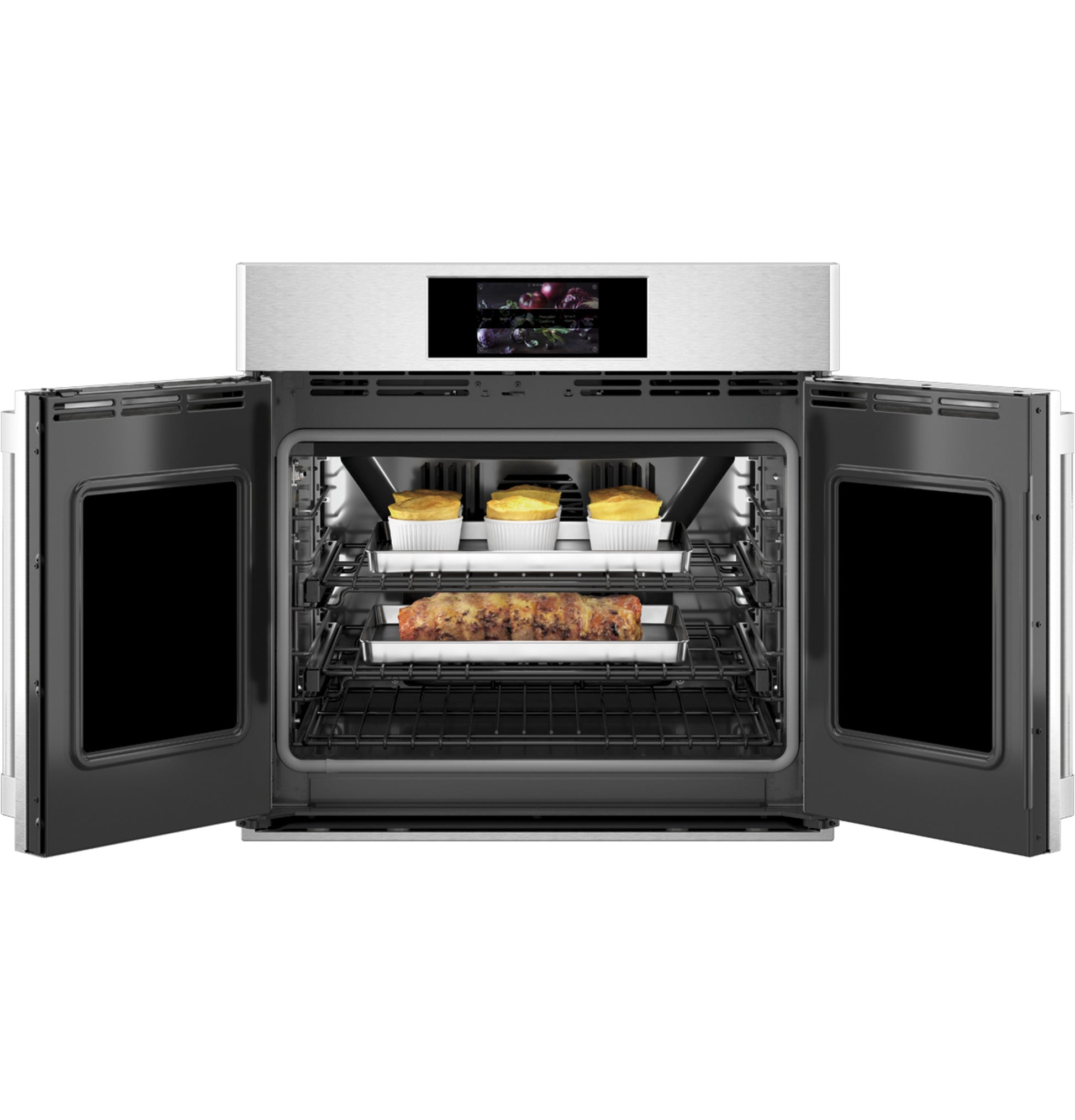 Stainless steel French-door single wall oven with open doors and food inside in kitchen appliances collection