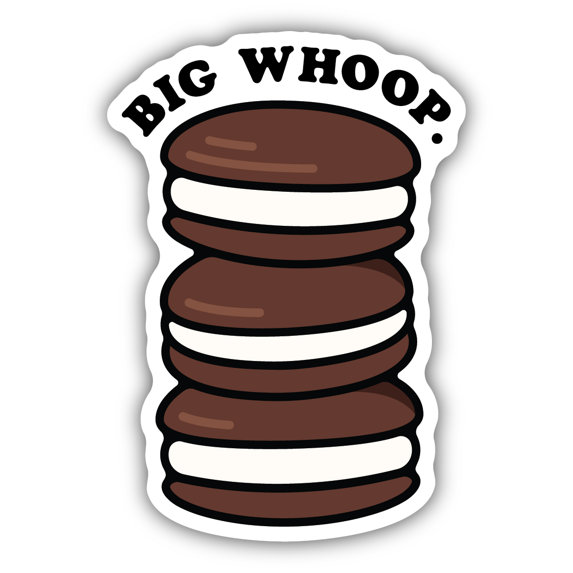 Stack of three cartoon-style chocolate sandwich cookies with white filling and "Big Whoop" text above