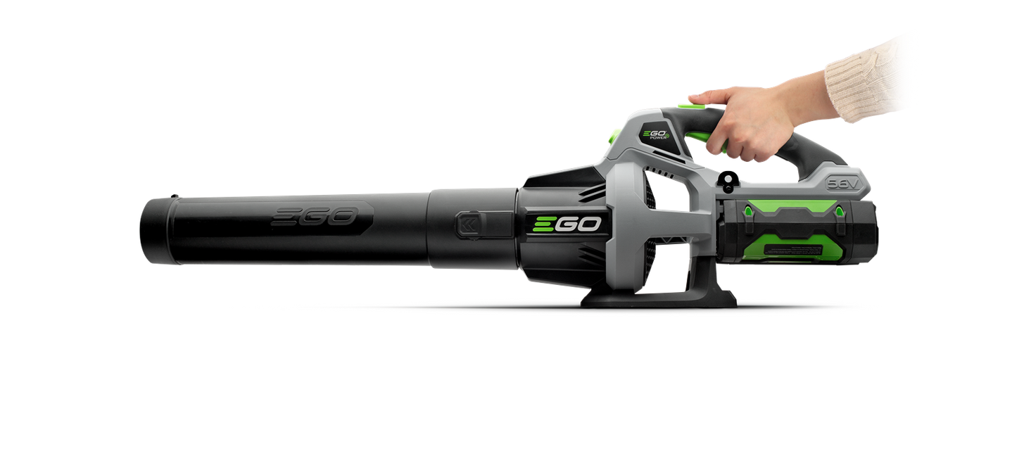 EGO Power+ cordless blower with green lithium battery and ergonomic handle for home improvement tasks