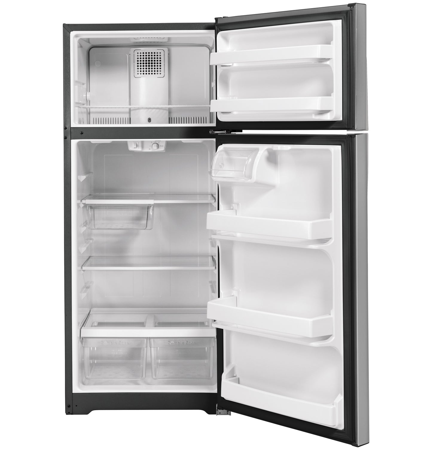 Open black top-freezer refrigerator showing empty shelves and crispers for kitchen appliances and home improvement collections