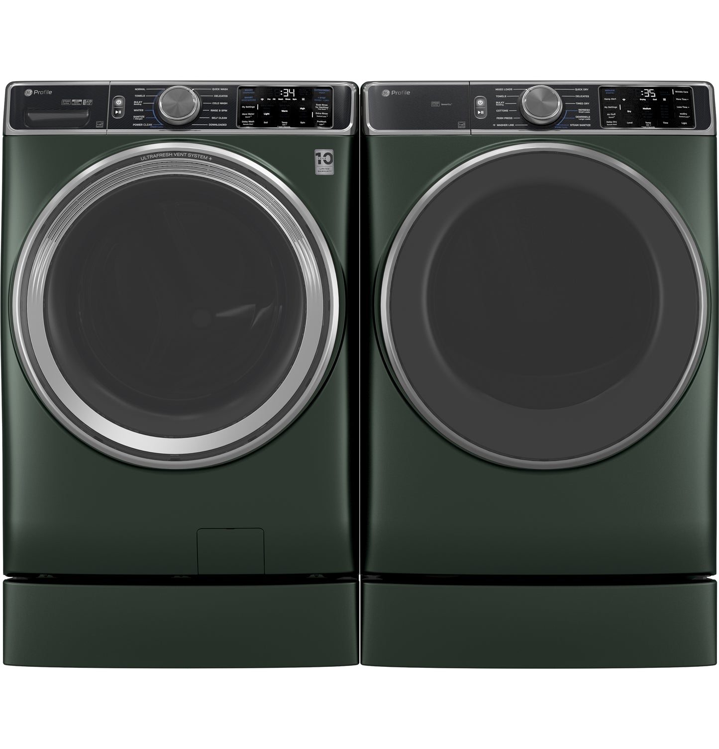 Dark green front-load washer and dryer set on matching risers from Appliance Parts & Accessories collection