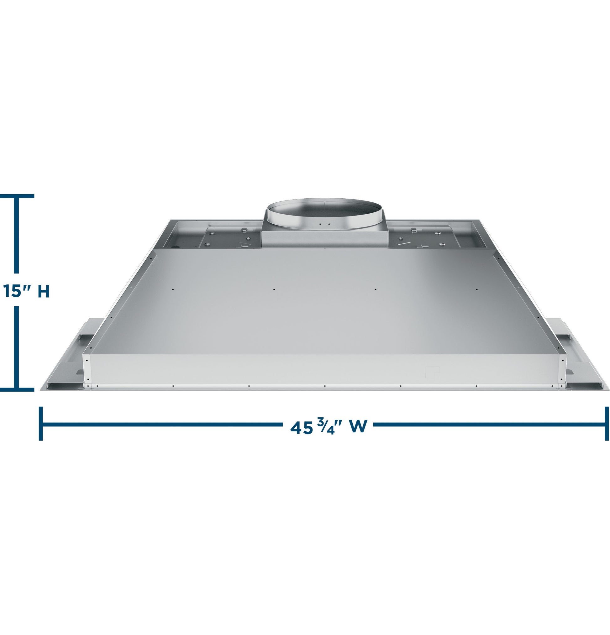 Stainless steel kitchen range hood insert measuring 45¾" wide and 15" high for modern home appliances.