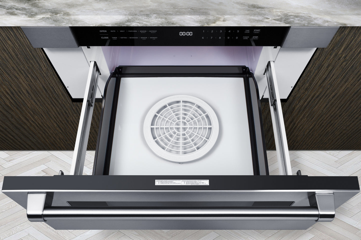 Under-counter stainless steel microwave drawer with digital controls and ventilation fan in modern kitchen setting