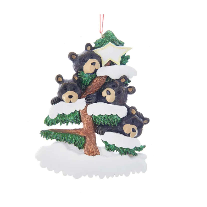 Personalized ornament featuring a black bear family of four nestled in a snowy evergreen tree for Christmas décor