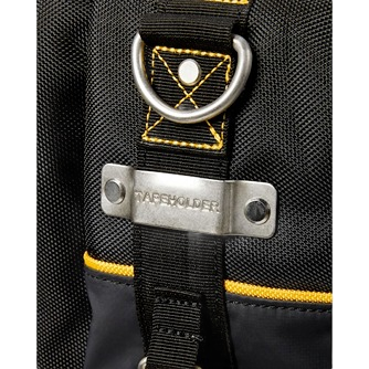 Close-up of black and yellow durable fabric tool bag with metal tape holder and D-ring for attachments in tool storage collection