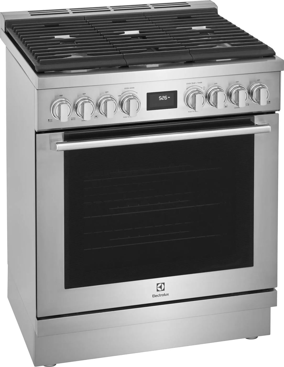 30-inch stainless steel dual fuel freestanding range with six gas burners and digital display in kitchenware collection