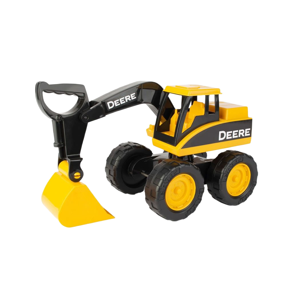Yellow and black toy excavator with large wheels and scoop arm for imaginative play and outdoor fun