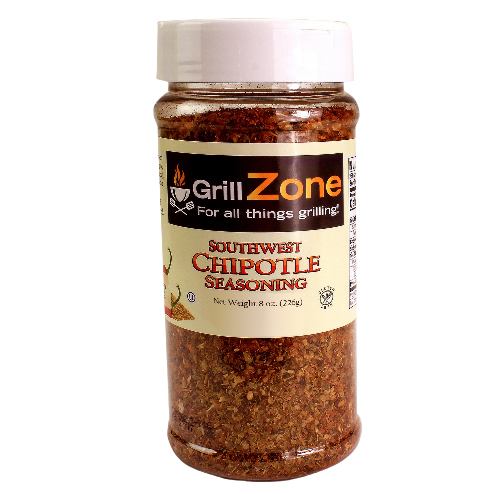 Clear plastic jar of Grill Zone Southwest chipotle seasoning with white lid for grilling sauces and spices under $50 collections
