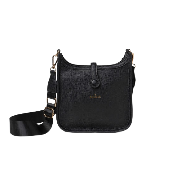 Black vegan leather crossbody bag with adjustable strap and gold tone hardware in Accessories and Bags collections under $100