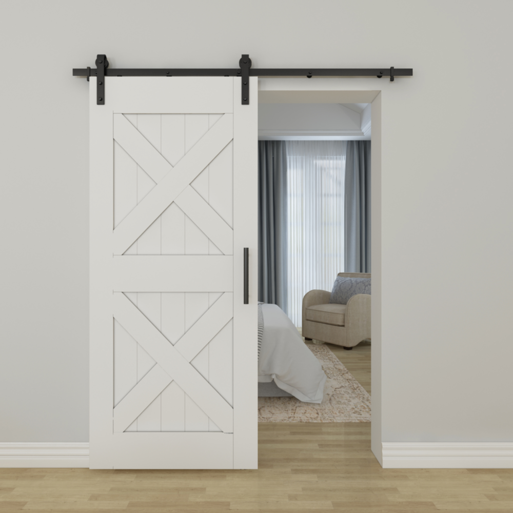 Matte black interior barn door hardware kit with soft-close feature for home improvement and barn door hardware collection