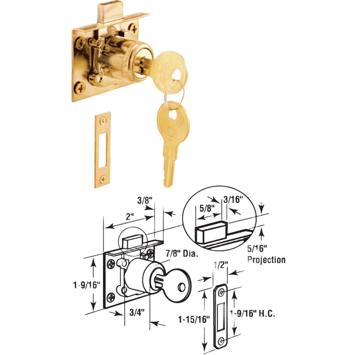Brass finish mortise lock with two keys, installation hardware, and technical drawing for home improvement and hardware tools under $50