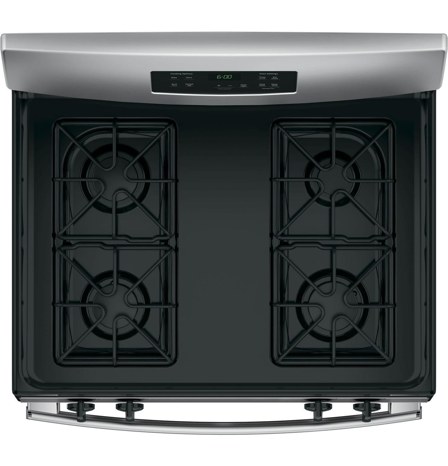 Top view of stainless steel 30-inch free-standing gas range with four burners and digital control panel in kitchen appliances collection.