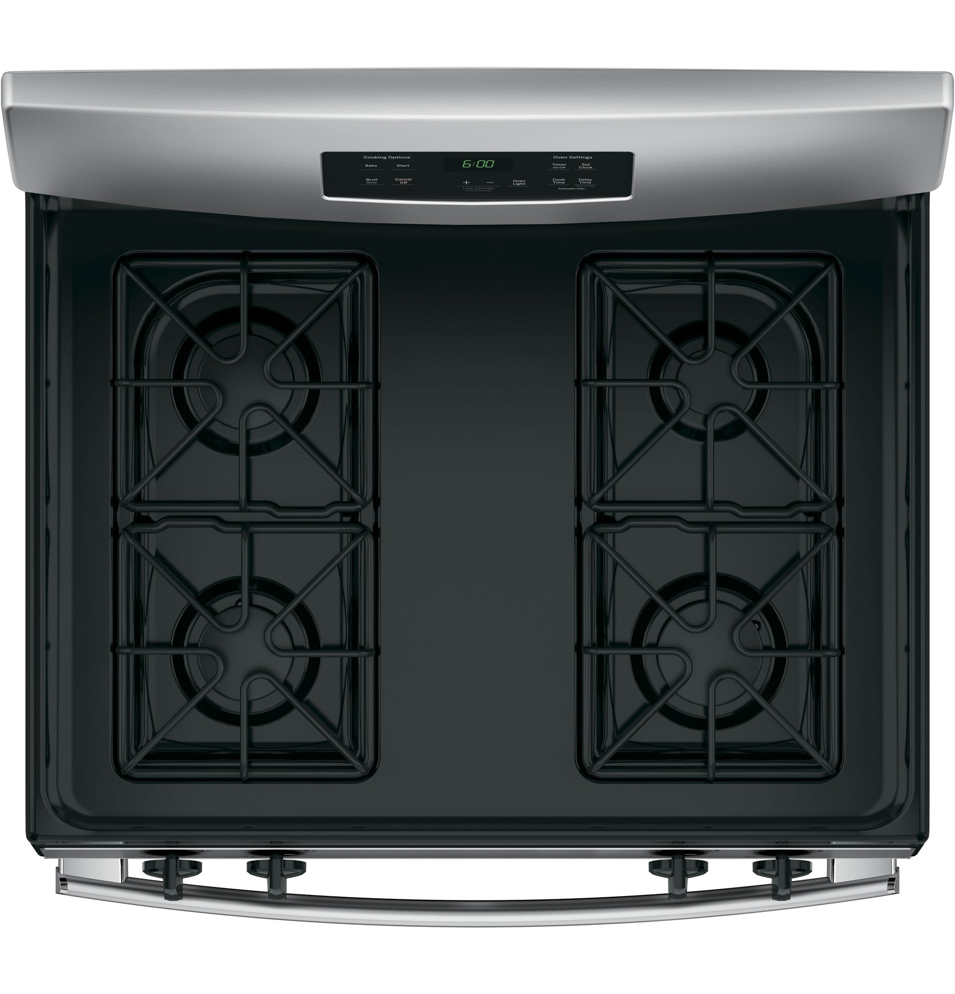 Top view of stainless steel 30-inch free-standing gas range with four burners and digital control panel in kitchen appliances collection.