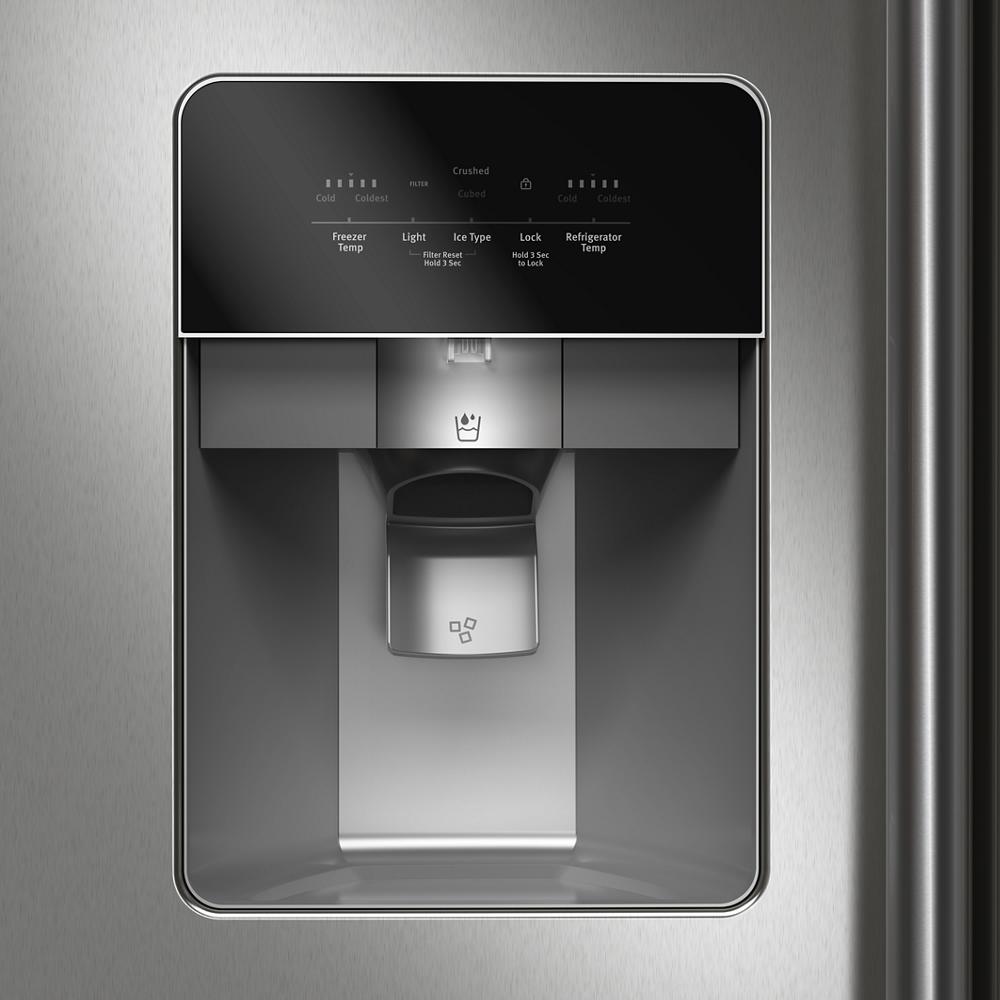 Stainless steel side-by-side refrigerator water and ice dispenser with digital control panel in appliances collection