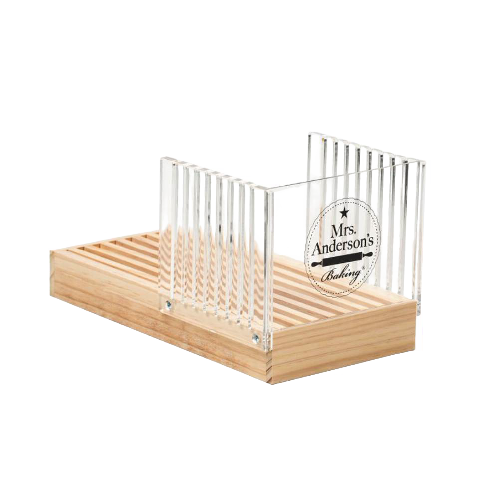 Adjustable bread slicing guide with clear dividers and wooden base for precise even slices in kitchen utensils collection