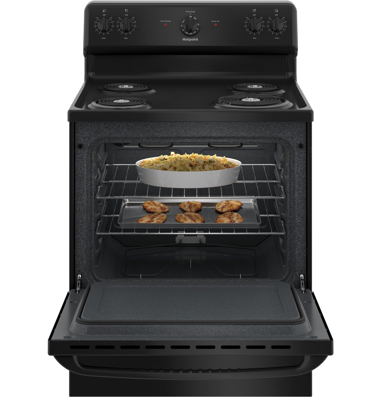 Open black free-standing electric range with oven door down showing baked casserole and roasted chicken inside