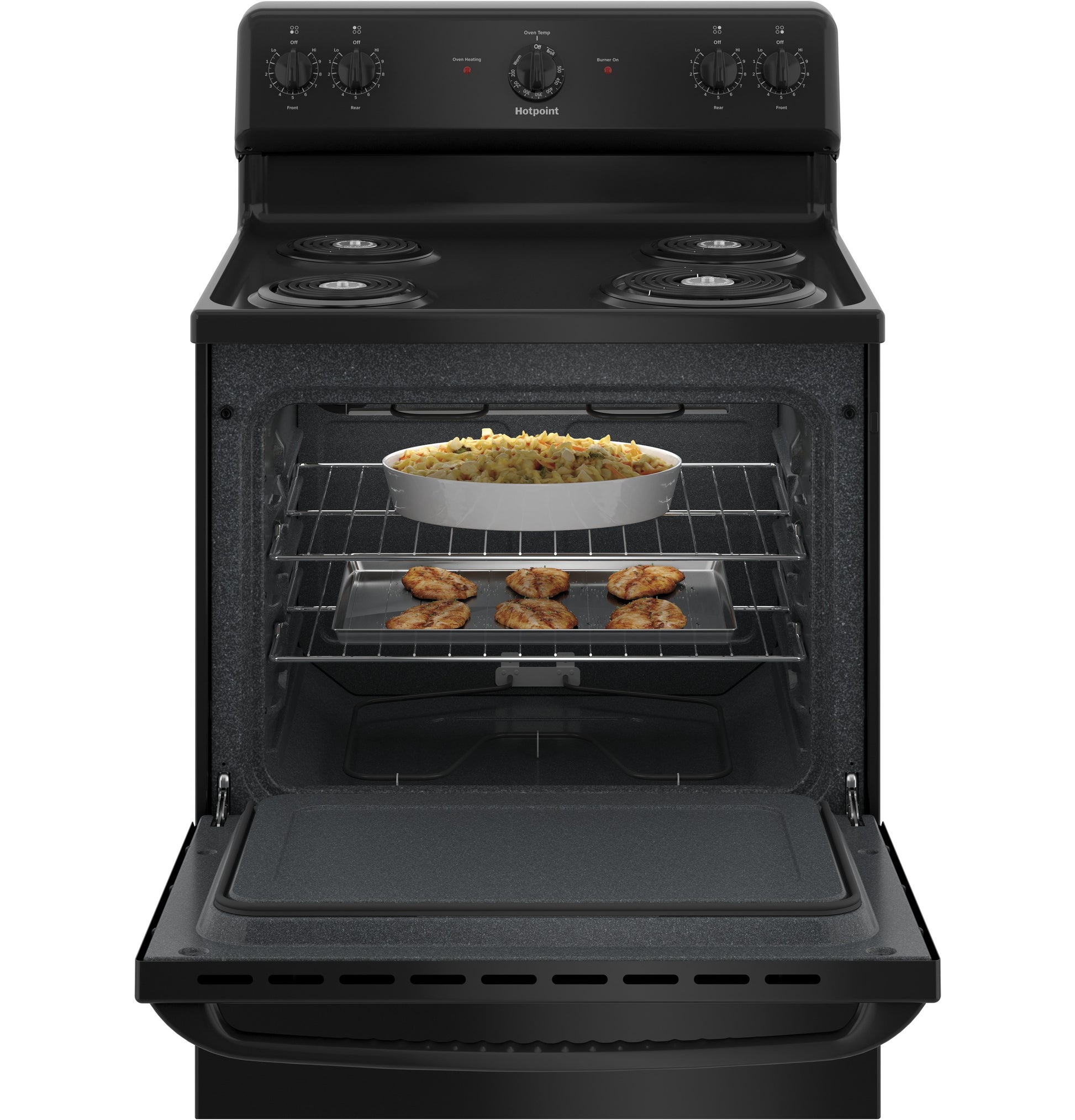 Open black free-standing electric range with oven door down showing baked casserole and roasted chicken inside