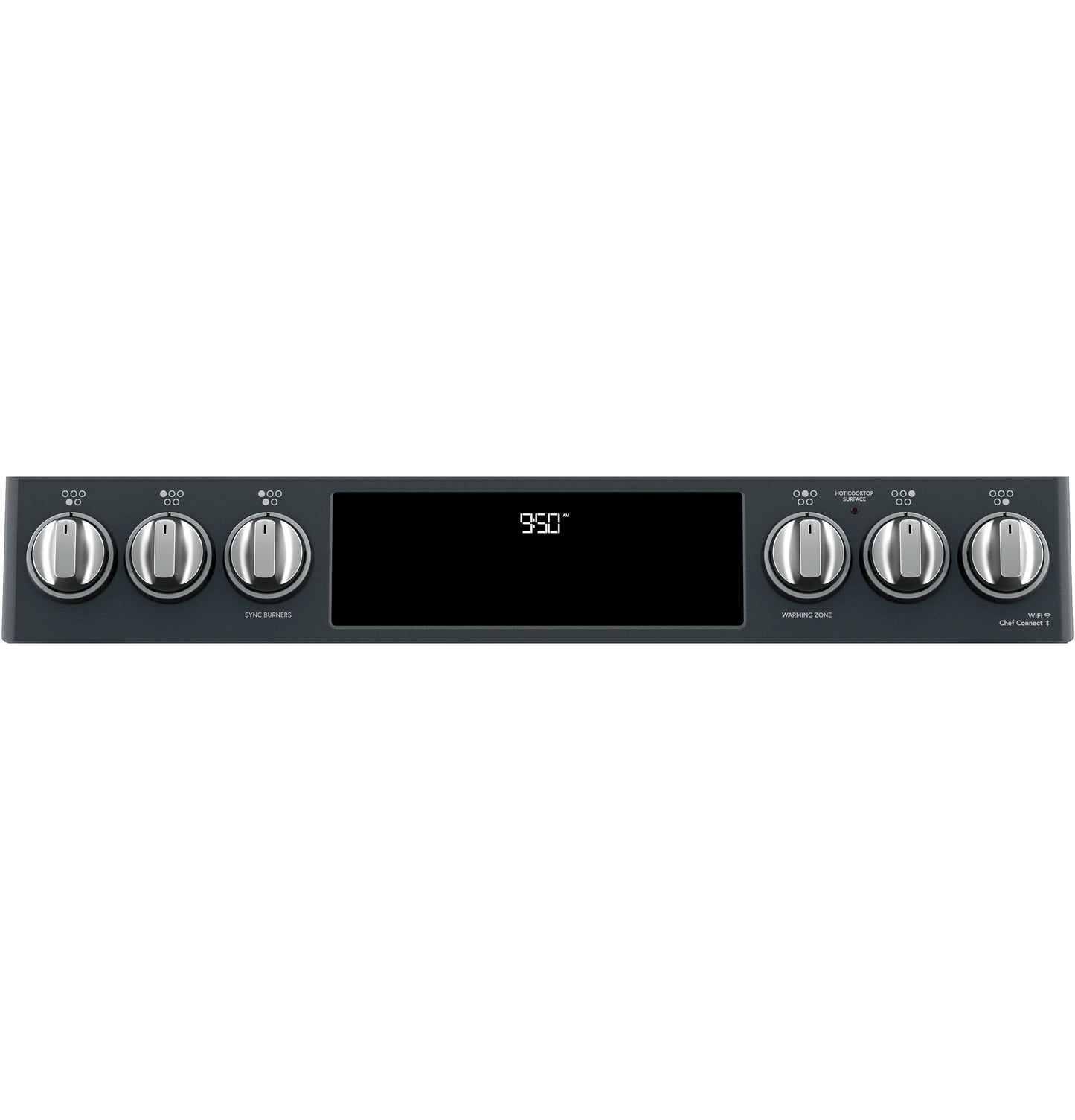 Control panel of black double-oven range with six silver knobs and central digital temperature display from kitchen appliances collections