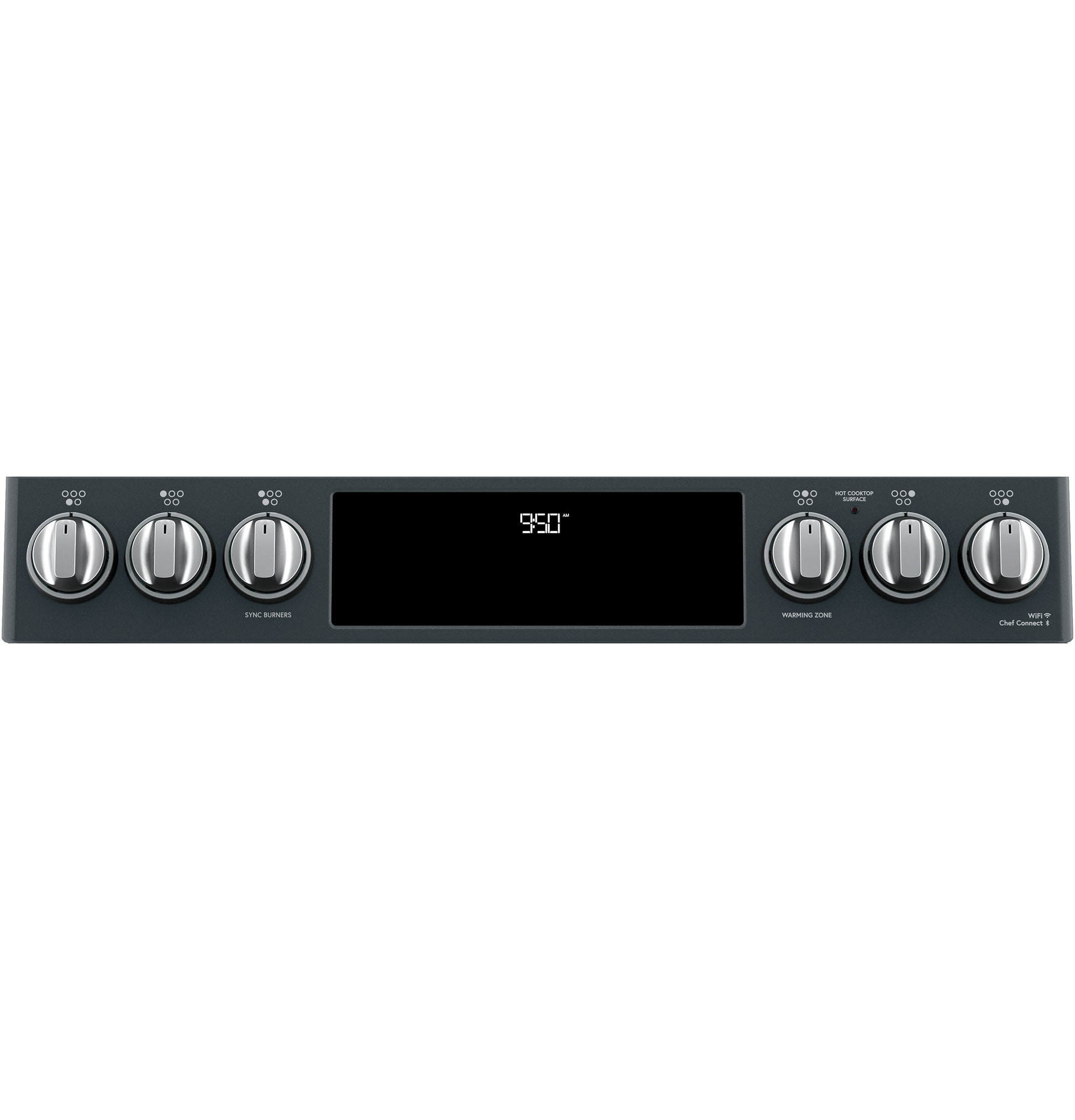Control panel of black double-oven range with six silver knobs and central digital temperature display from kitchen appliances collections