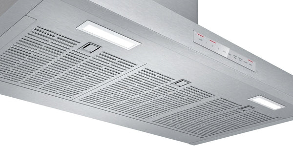 Stainless steel wall-mounted range hood with bright LED lights and vent filters from Bosch kitchen appliances collection