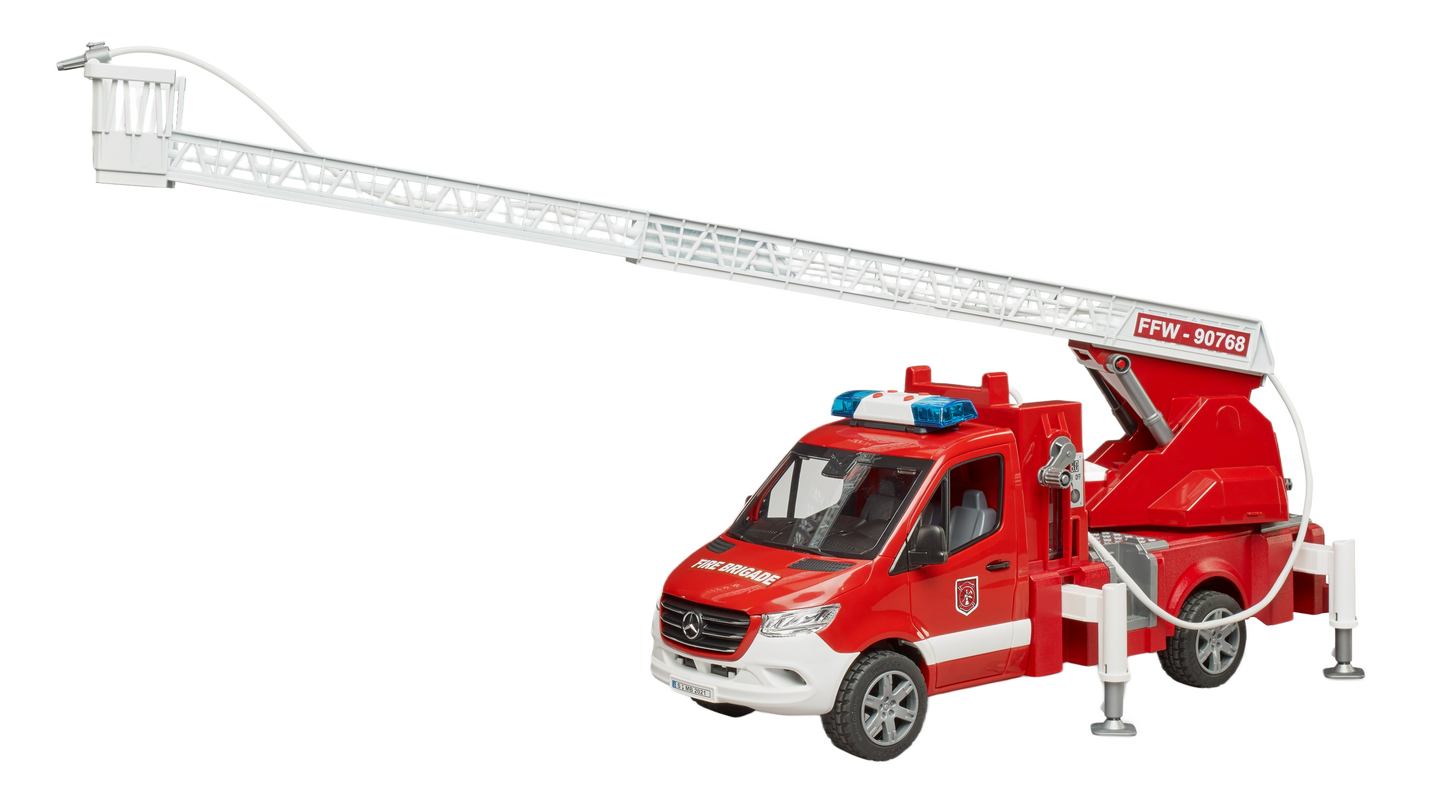 Red Bruder model fire truck with extended white ladder and stabilizing supports for tools and home improvement play
