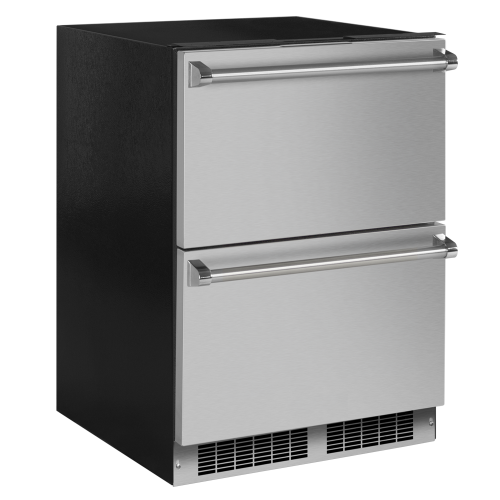 Built-in refrigerated drawers with stainless steel fronts and horizontal handles in kitchen appliances collection