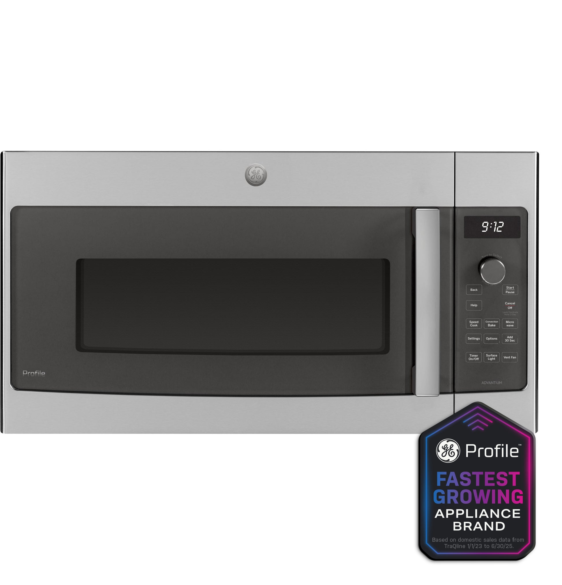Stainless steel over-the-range microwave with digital control panel and Advantium® cooking technology badge from kitchen appliances collection
