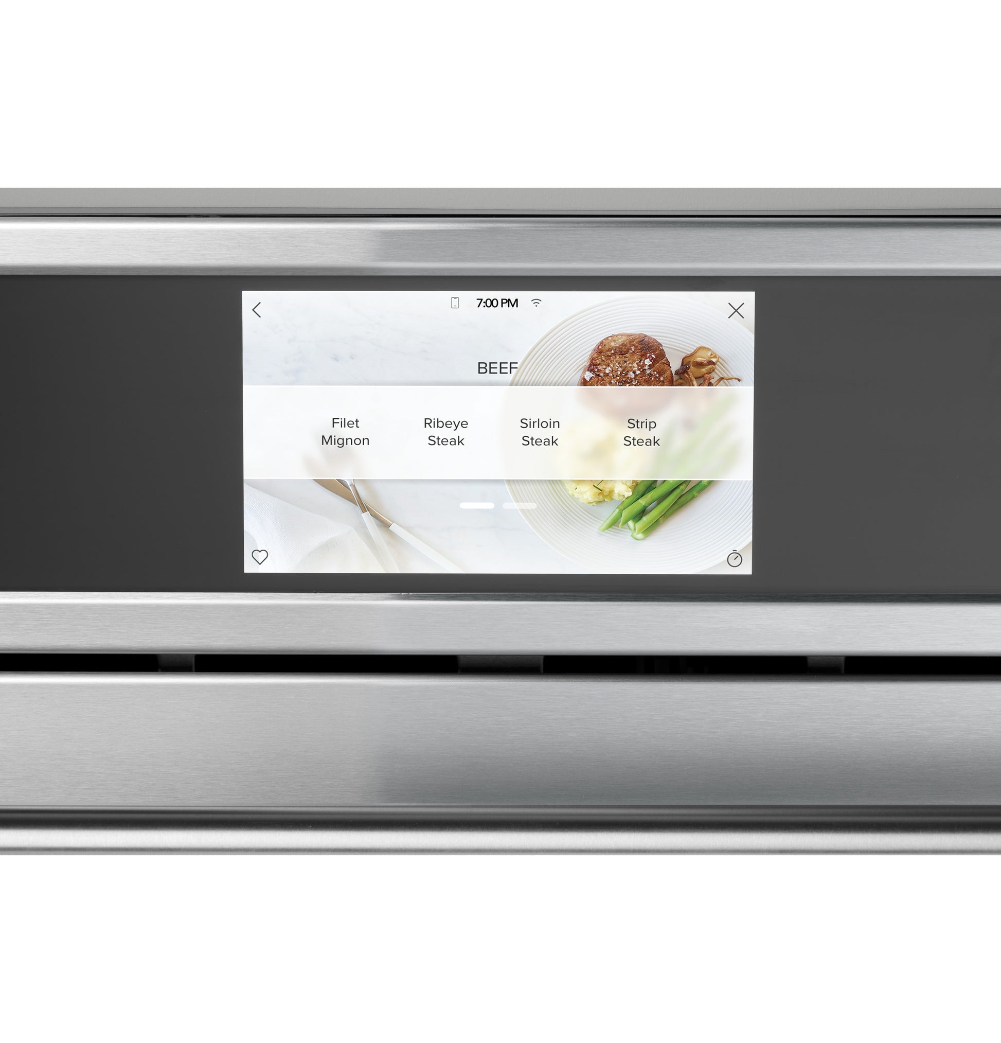 Touchscreen control panel on stainless steel speed cook oven displaying steak cooking options from Wall Ovens collection
