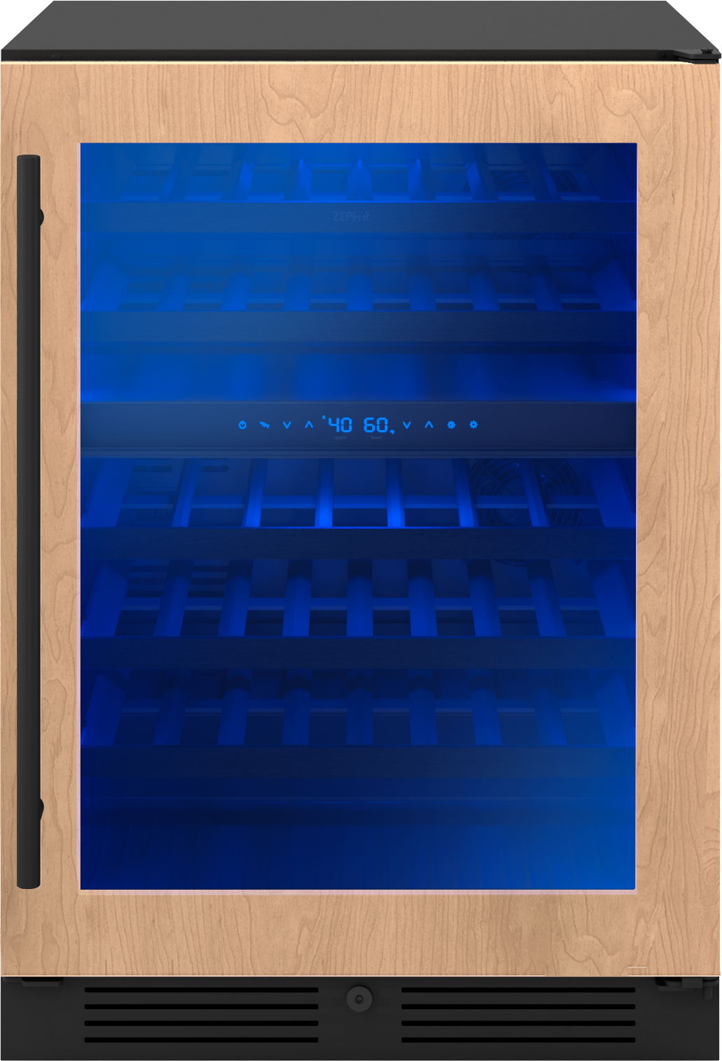 Wine cooler with wood-paneled door, glass front, digital temperature display, and blue interior lighting in kitchen appliance setting