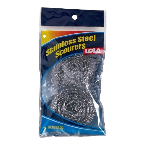 Two-pack of commercial-quality stainless steel scourers in clear packaging for heavy-duty cleaning tasks under $50