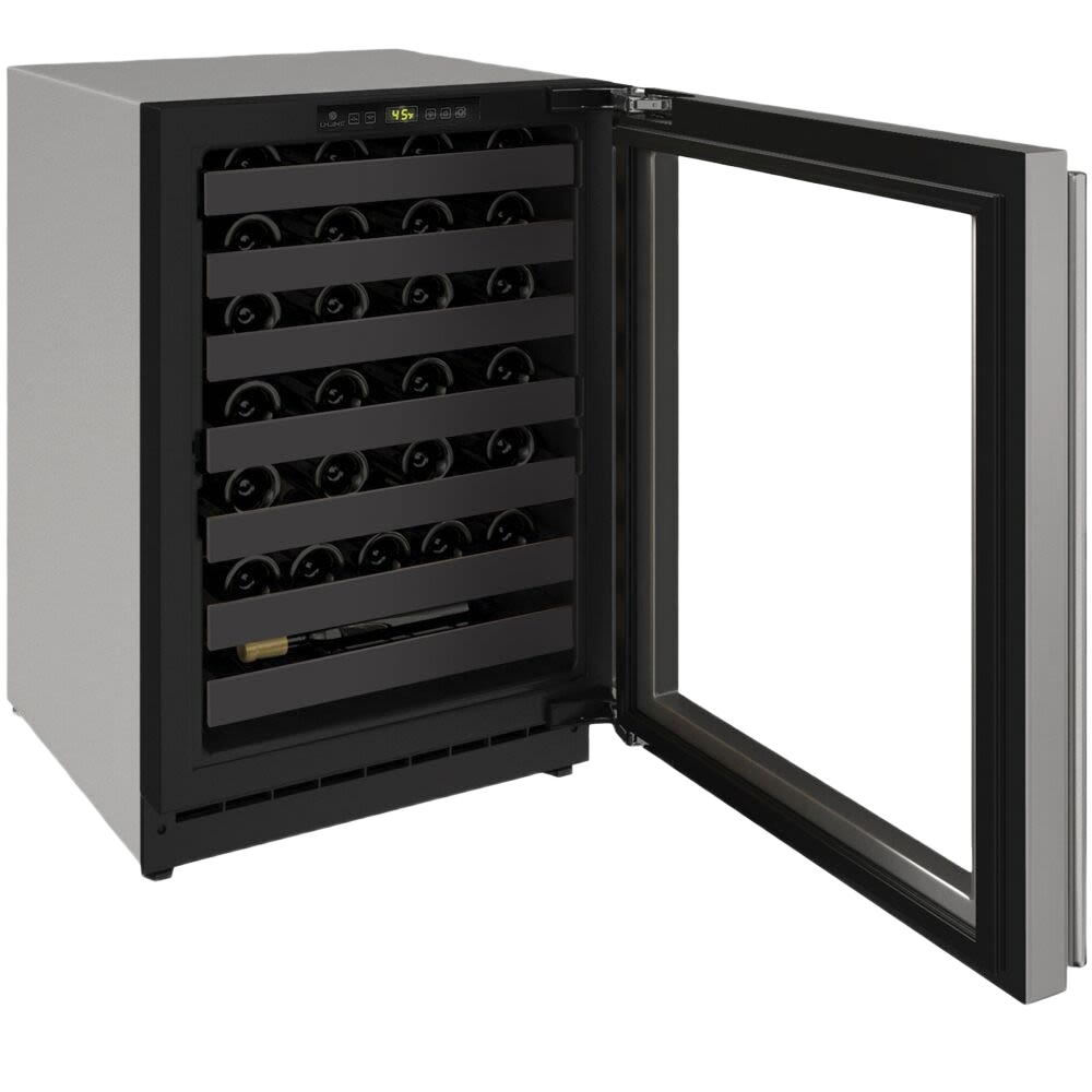 Open stainless steel wine fridge featuring dual zone cooling and glass door in kitchenware and appliances collection