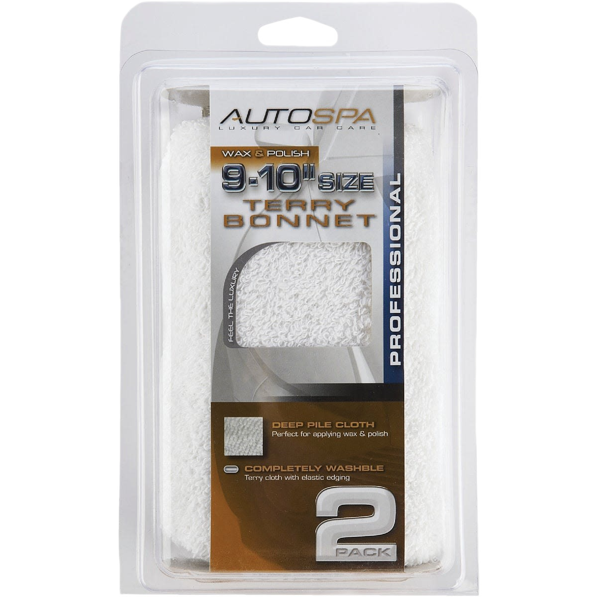 Pack of two washable cotton terry polishing bonnets sized 9 to 10 inches for automotive cleaning and finishing tasks