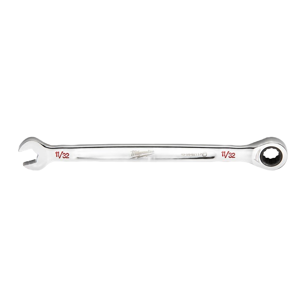 Polished metal ratcheting combination wrench with 11/32 inch size markings for tools and home improvement tasks