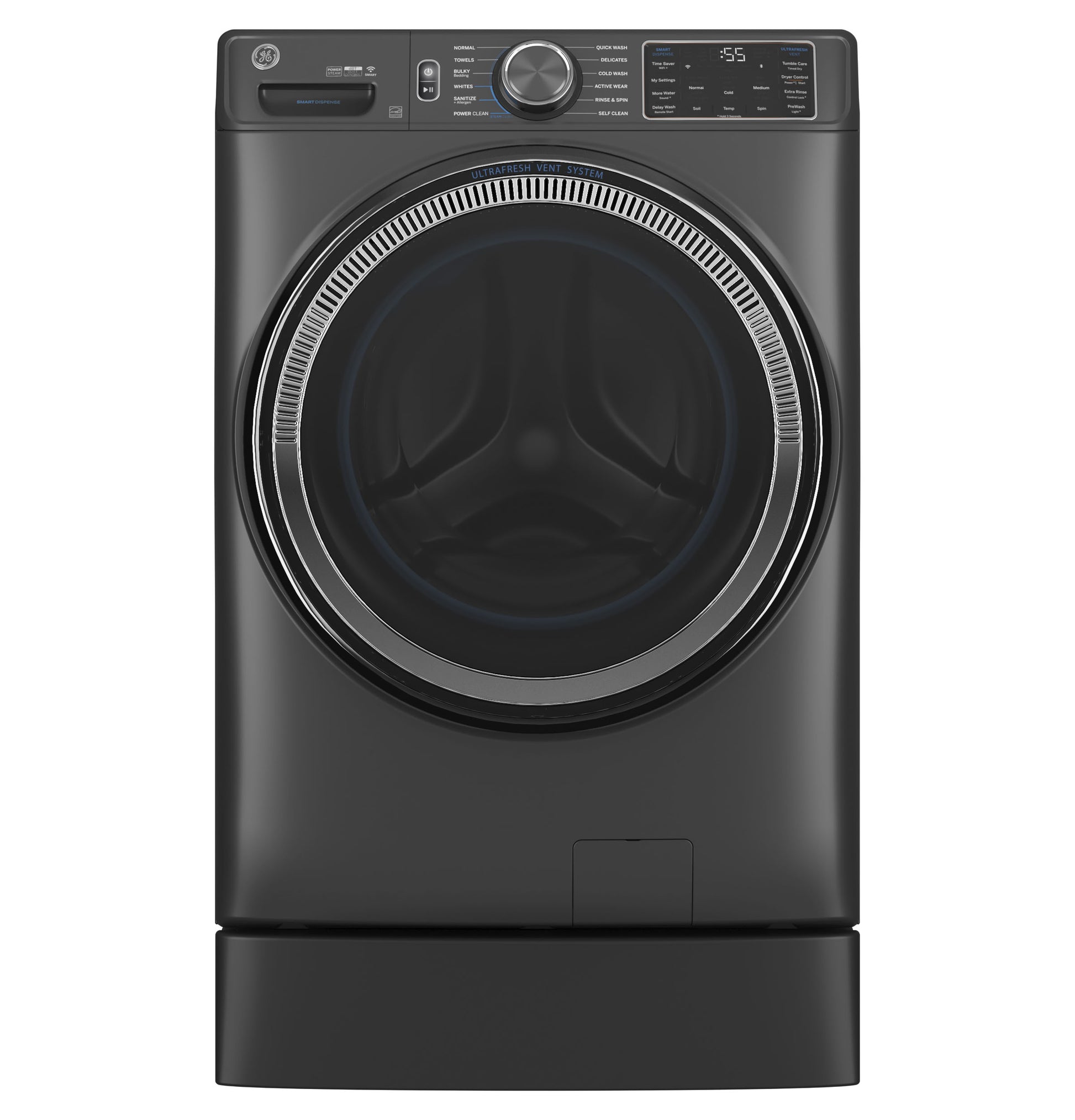 Dark gray front load dryer on a right height riser with digital controls in dryer parts and appliance accessories collection