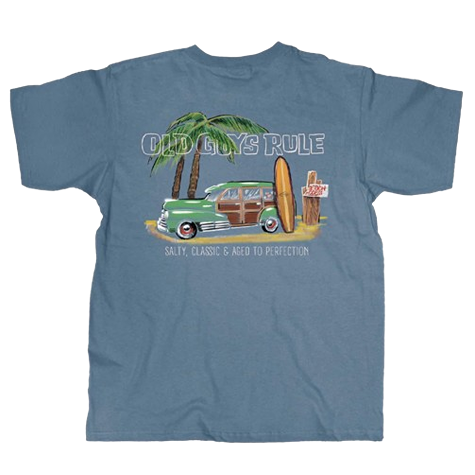 Blue shirt with vintage woody car, palm trees, surfboard, and "Old Guys Rule" text design on back