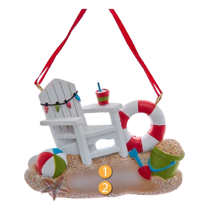 White wooden beach chair ornament with colorful beach ball, bucket, shovel, and red-striped life preserver for tree decor