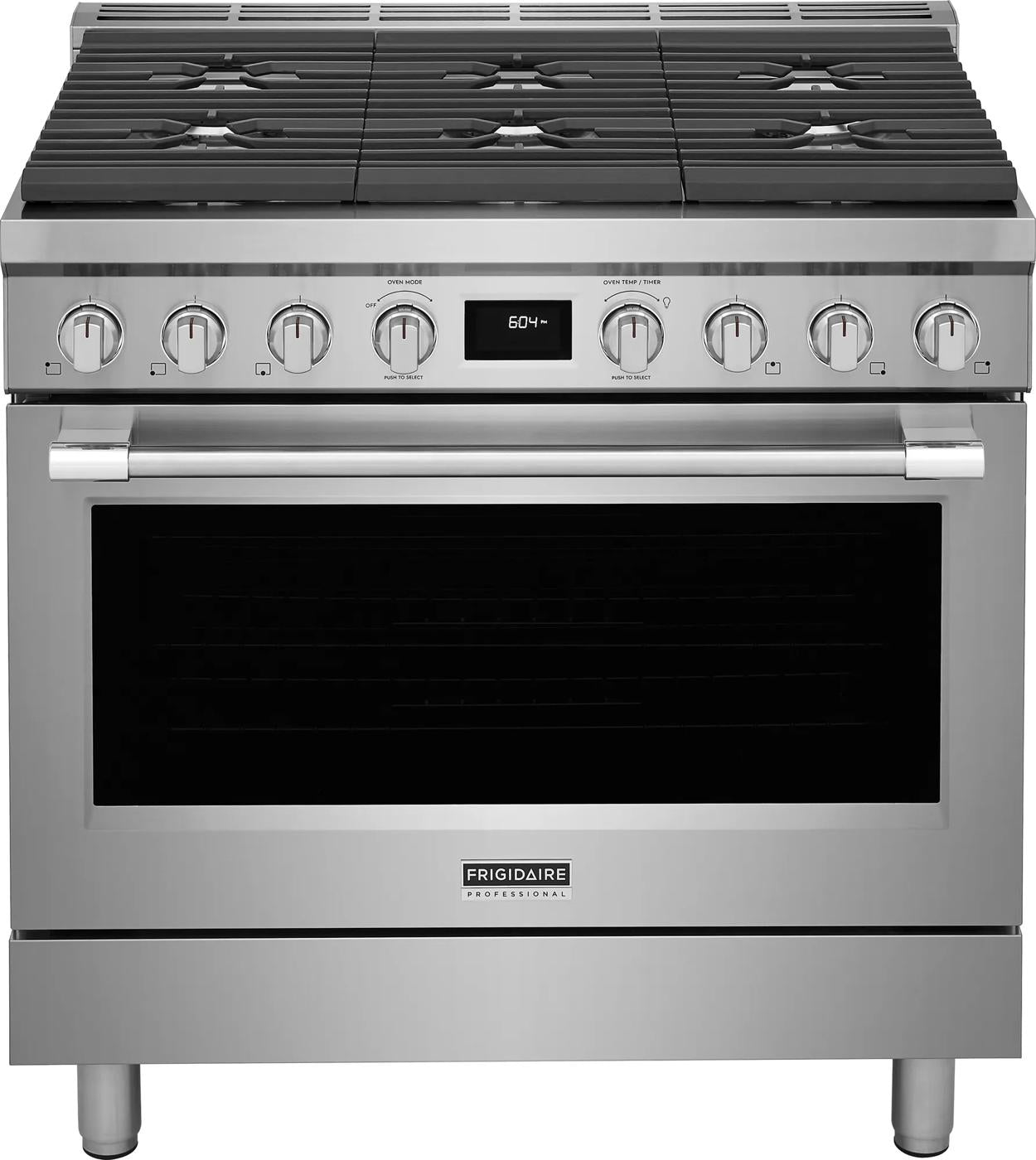 Stainless steel freestanding 36-inch dual-fuel range with six burners and digital control from Ranges collection