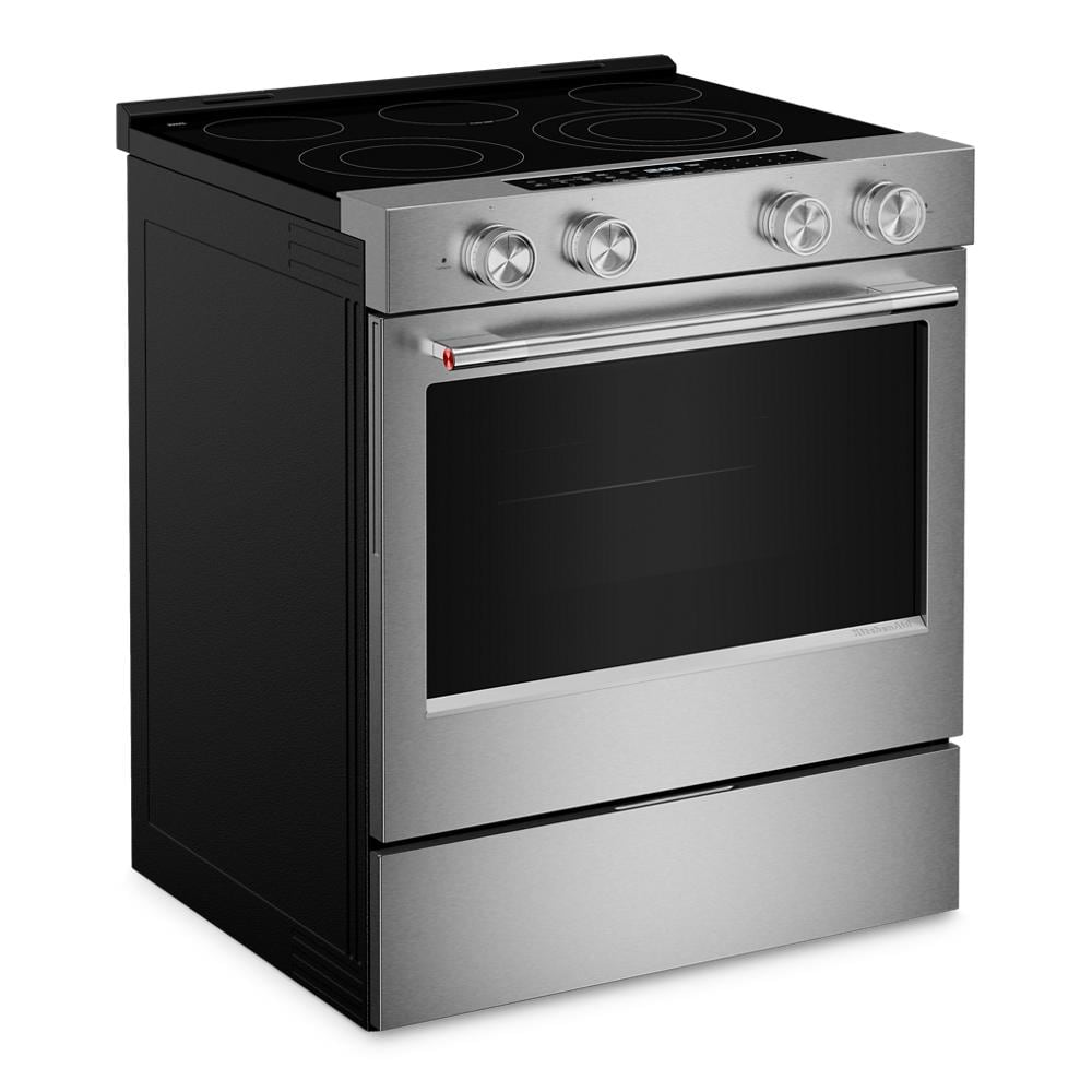 stainless steel electric slide-in range with smooth cooktop and front control knobs in kitchen appliances collection