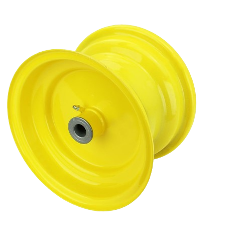 Bright yellow front tire rim with central bearing for lawn and farm equipment tools and home improvement use