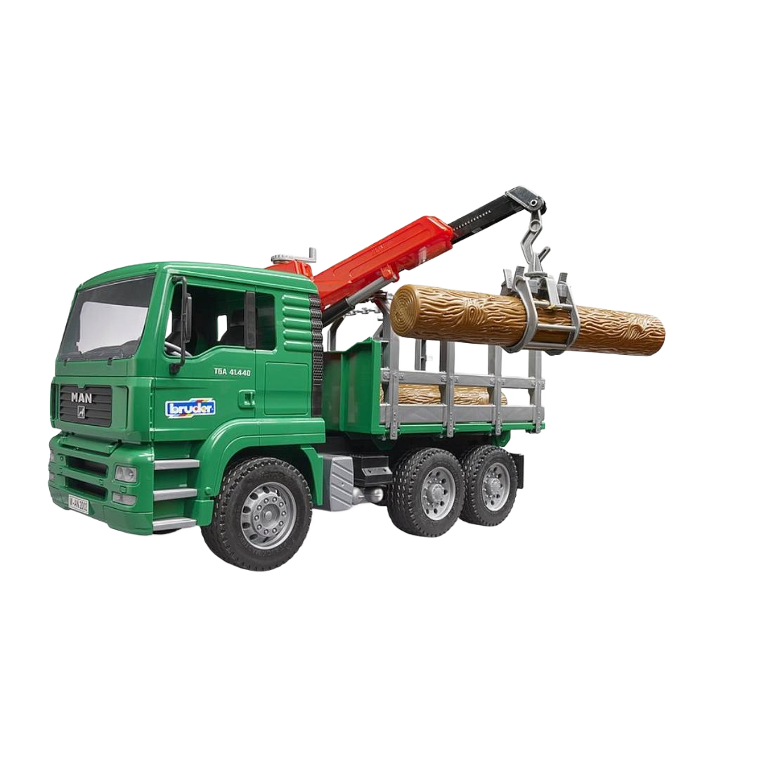 Green MAN timber truck toy with red crane lifting a large log for tools and home improvement play activities
