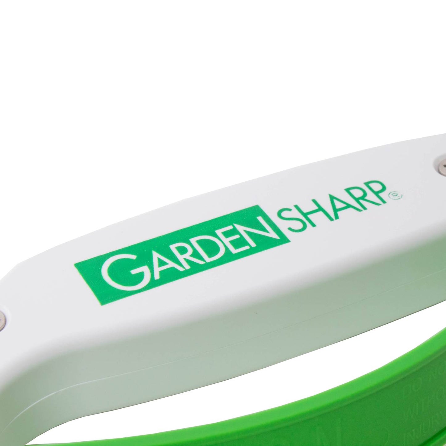 Close-up of a white and green GardenSharp handheld sharpener for woodworking and gardening tools in Home Improvement collections