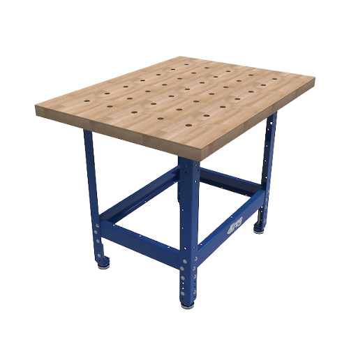 Universal hardwood workbench top with evenly spaced dog holes and sturdy blue metal legs for home improvement projects