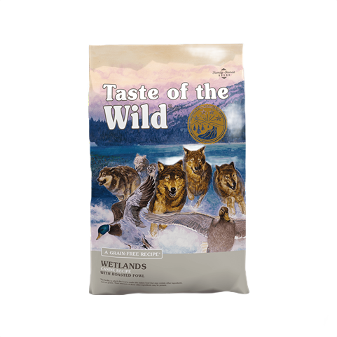 28 lb bag of grain-free Wetlands dog food with roasted fowl flavor, part of pet food and supplies collection