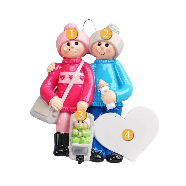Personalized new family Christmas ornament featuring parents and baby, heart detail, under $50 holiday decor