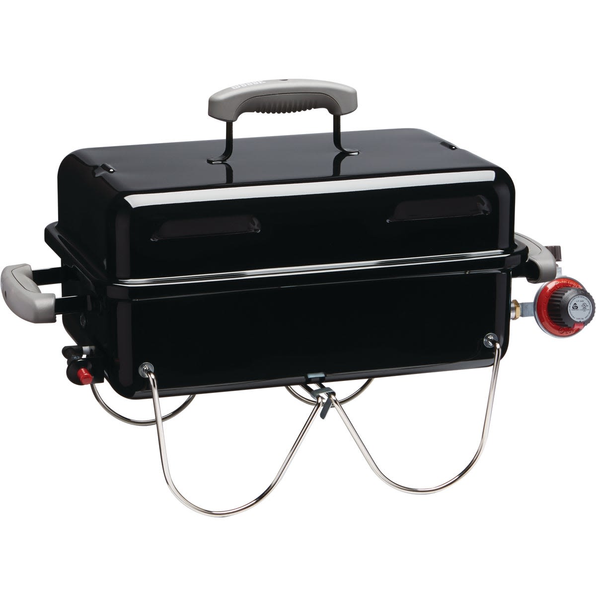 Compact black portable gas grill with single burner, stainless steel legs, and gray handles for outdoor living and grilling