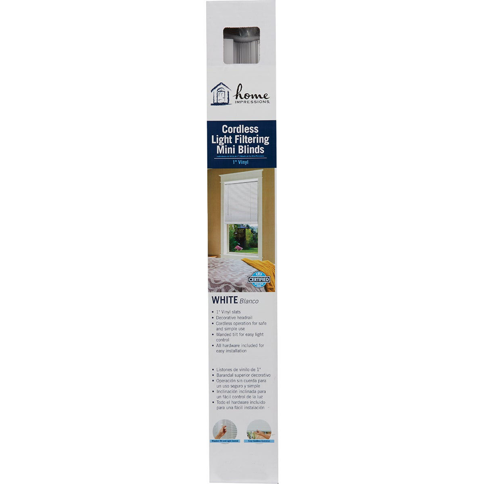 White vinyl cordless mini blind with 1-inch slats designed for easy installation and light filtering in home improvement projects