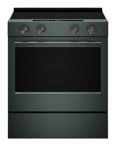 Dark green slide-in electric range with four control knobs, smooth glass cooktop with four burners, large oven window, part of Ranges, Electric Ranges, Kitchen & Kitchenware, and Appliances collections.